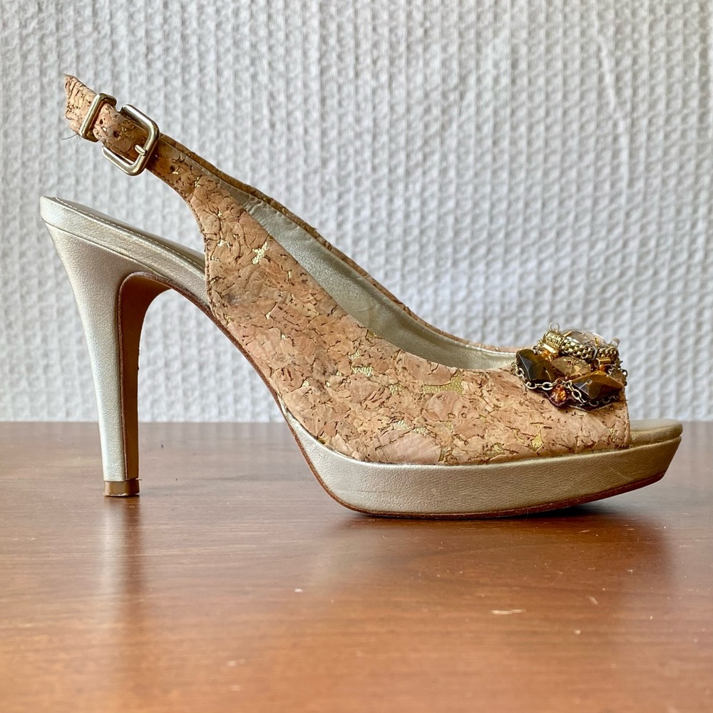 Antonio Melani cork, jeweled peep toe sling back heels